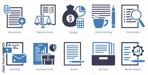 A set of 10 mix icons as attachment, balance sheet, budget