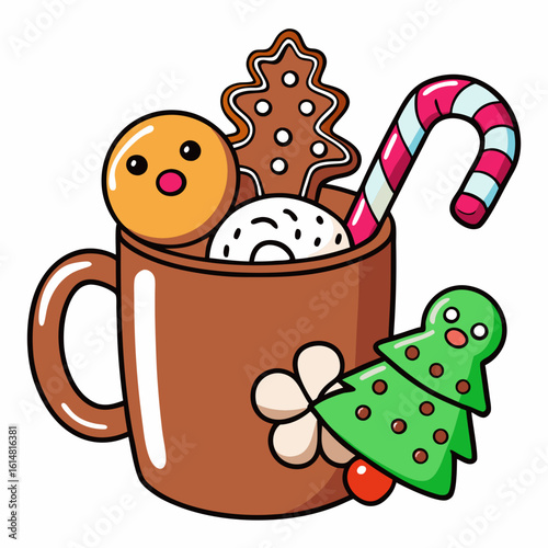 Mug with cocoa, cocoa inside, decorated with marshmallows, gingerbread and lollipops illustration