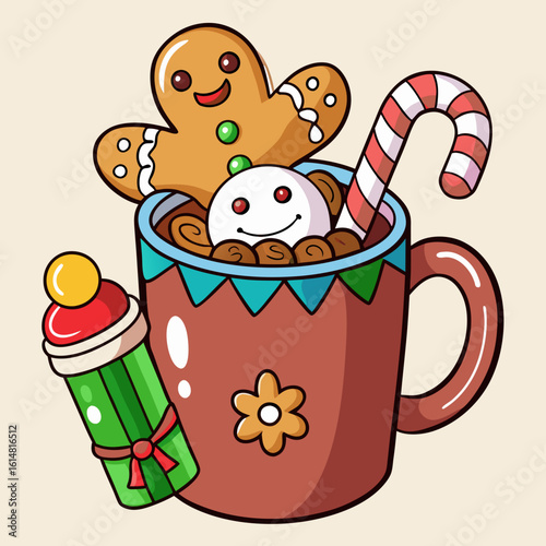 Mug with cocoa, cocoa inside, decorated with marshmallows, gingerbread and lollipops illustration