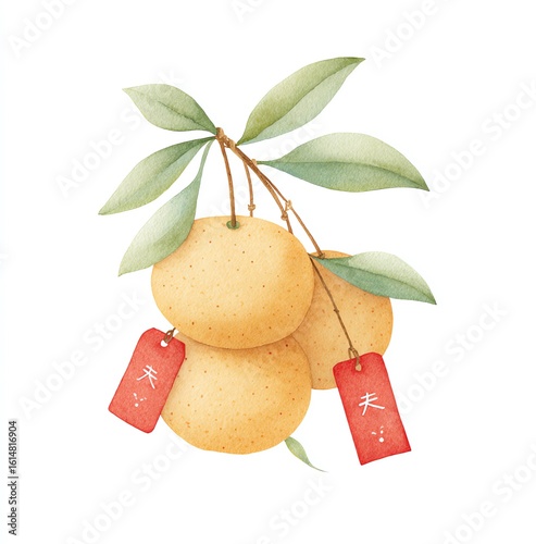Watercolor illustration of Kumquats with Red Tags and leaves