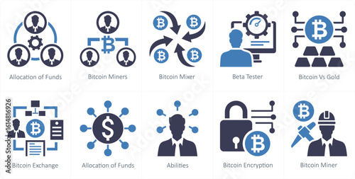 A set of 10 mix icons as allocation of funds, bitcoin miners, bitcoin mixer