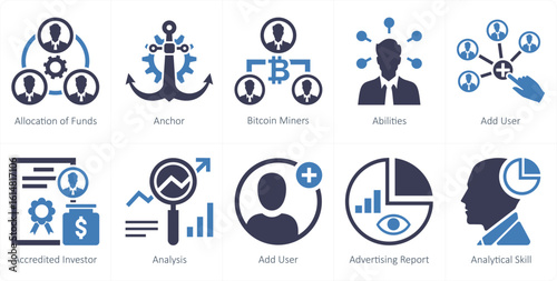 A set of 10 mix icons as allocation of funds, anchor, bitcoin miners