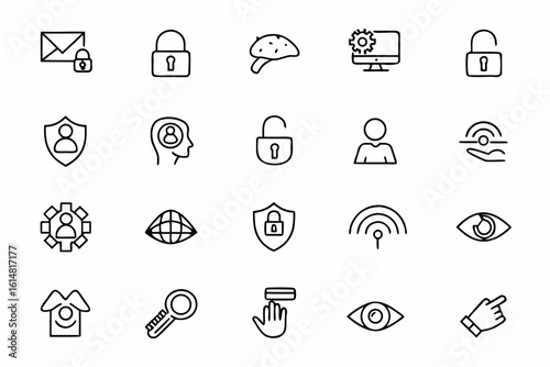 A conceptual bundle combining human elements with digital security metaphors in graceful single-line strokes. Great for HR compliance, training, and identity safety themes