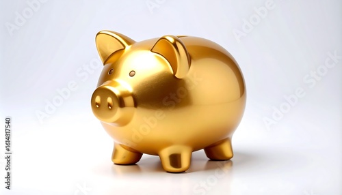 Golden piggy bank on plain background