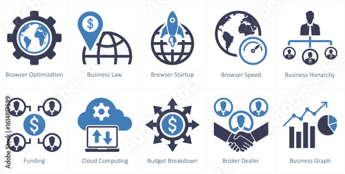 A set of 10 mix icons as browser optimization, business law, browser startup