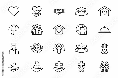 A thoughtful set visualizing community welfare and public service systems using clean abstract lines. Great for policy presentations and editorial publications