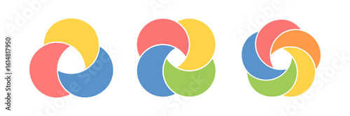 Circle Venn diagram infographic icon set. Graphic chart. Three, four and five balance circle diagram. Overlap design element. Business process chart. Vector illustration isolated on white background.