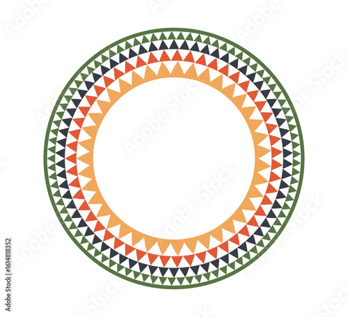 African pattern circle frame. Mexican ethnic motif border. Triangular ornament round frame. Sun stamp. African ethnic culture ornament Vector illustration isolated on white background.