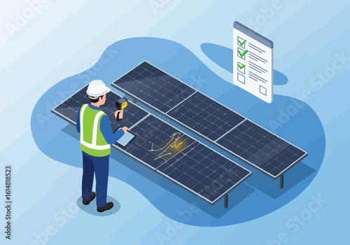 Technician inspecting solar panels with scanner and checklist inspection maintenance