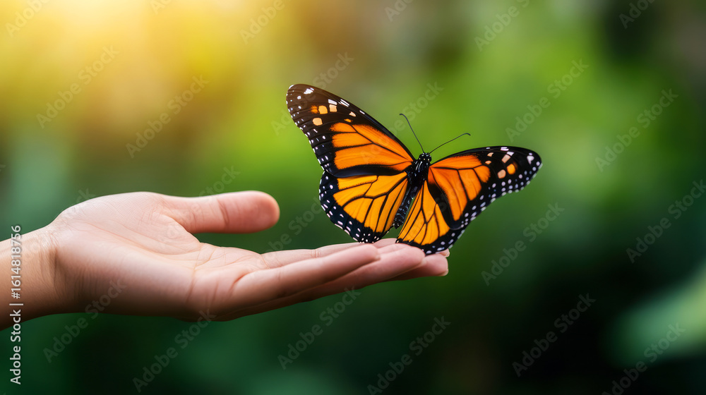 Fototapeta premium Butterfly on Hand Offering Symbol of Freedom and Nature's Beauty in Soft Focus Background