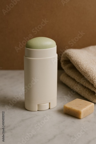 A minimalist still life composition featuring a deodorant stick, a bar of soap, and a neatly folded towel, evoking a sense of cleanliness and simplicity. The image showcases a natural.