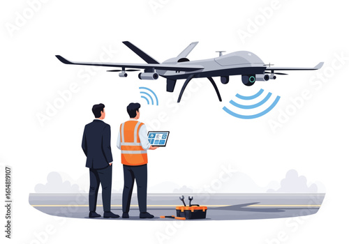 Two Men Observing a Military Drone with Wireless Signals and Toolbox unmanned aerial vehicle