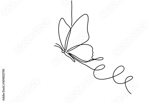 Vector illustration of a single line drawing of a butterfly hanging from a thread with a swirl