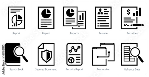 A set of 10 mix icons as report, resume, securities