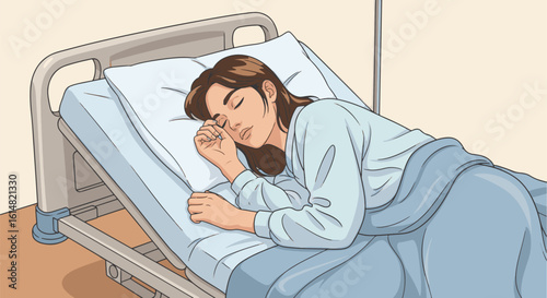 A woman rests peacefully in a hospital bed, her eyes closed in slumber.