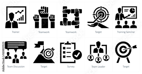A set of 10 mix icons as trainer, teamwork, target, training seminar