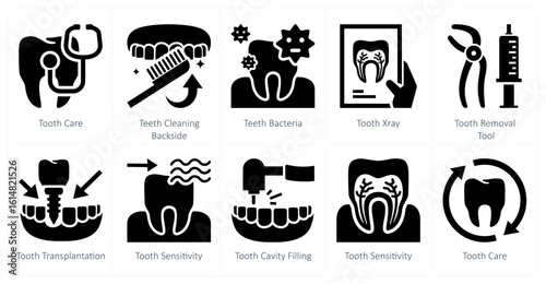 A set of 10 mix icons as tooth care, teeth cleaning backside, teeth bacteria