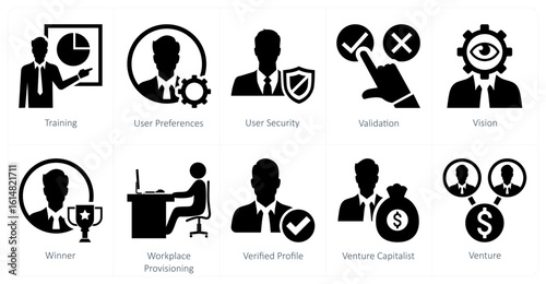 A set of 10 mix icons as training, user preferences, user security