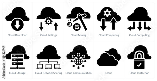 A set of 10 mix icons as cloud download, cloud settings, cloud mining