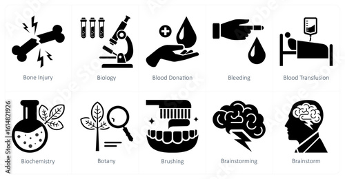 A set of 10 mix icons as bone injury, biology, blood donation