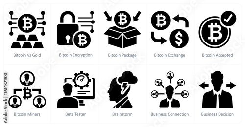 A set of 10 mix icons as bitcoin vs gold, bitcoin encyption, bitcoin package