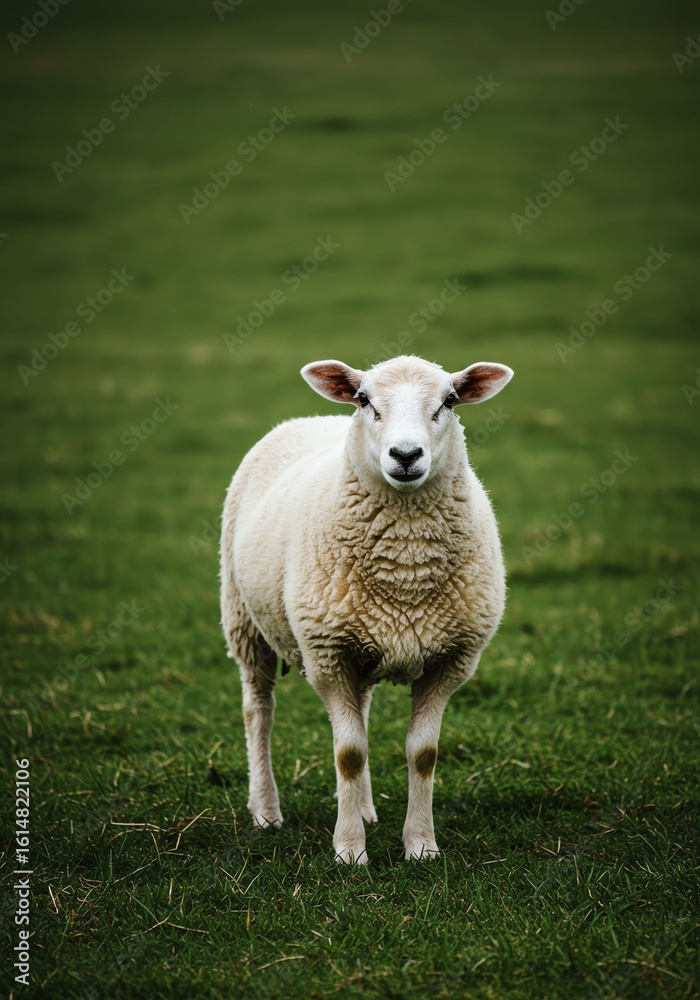 Obraz premium Sheep Standing on Green Pasture Field in Natural Outdoor Setting