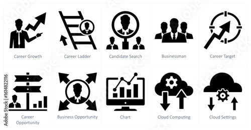A set of 10 mix icons as career growth, career ladder, candidate search