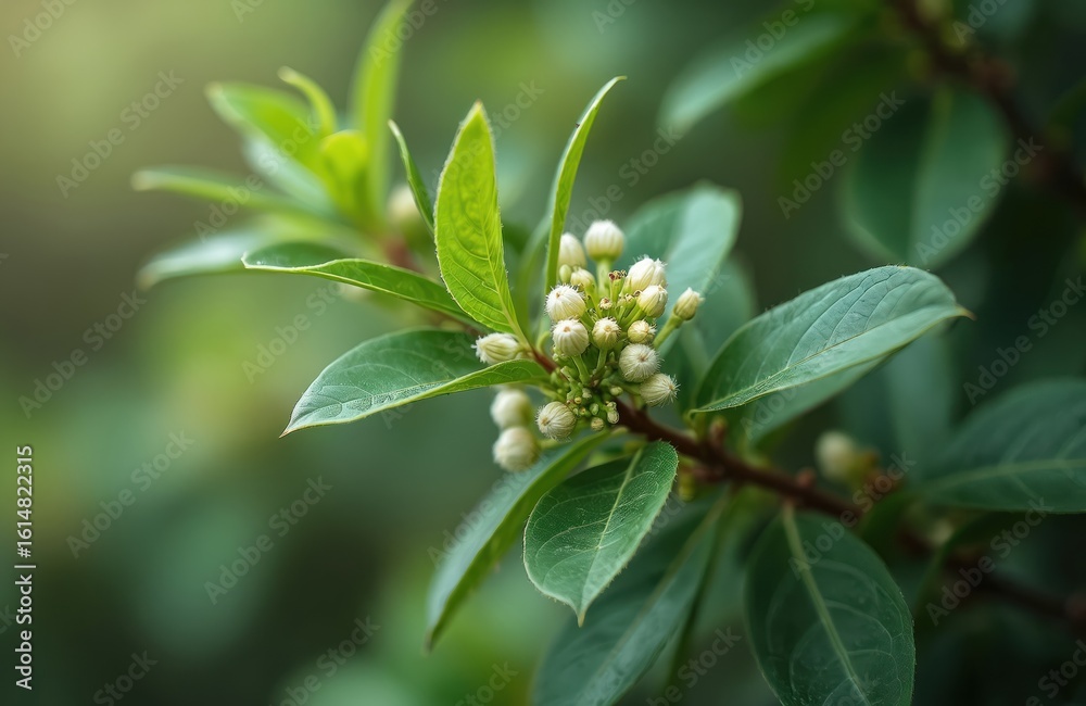 Fototapeta premium Close-up of bay laurel plant branch with small white flower buds, green leaves. This evergreen tree offers aromatic foliage, potential medicinal properties. Perfect for garden, nature, herbal themes.