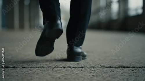 A businessman in formal trousers and black shoes walking away, symbolizing a professional journey or departure.