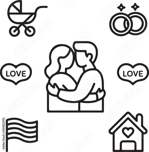 Editable Line Icons of Inclusive Relationships  LGBTQ+ Couples, Romance, Parenting, and Love Symbols Vector Set