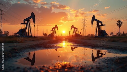 Oil pumps operate at sunset, reflecting in water puddle on dirt road. Power lines, transmission towers form part of industrial landscape. Sky displays vibrant orange, yellow hues with scattered