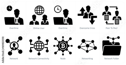 A set of 10 mix icons as overtime, online user, overcome crisi