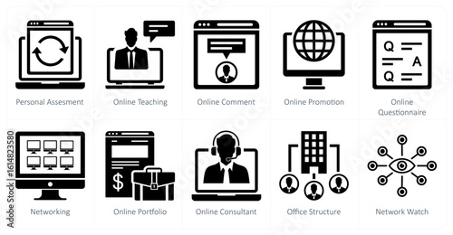 A set of 10 mix icons as personal assessment, online teaching, online comment