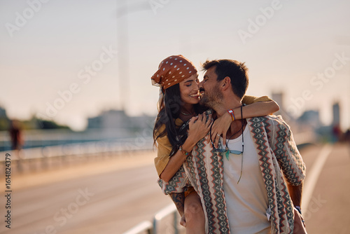 Photography Happy couple in love enjoying in summer day in city.