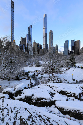 Winter view of Central Park, New York covered in snow during early morning