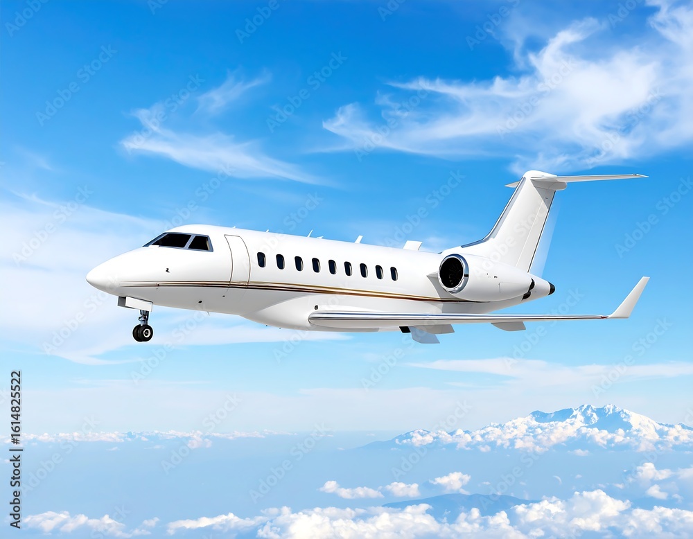 Fototapeta premium Private jet soaring above clouds and mountains