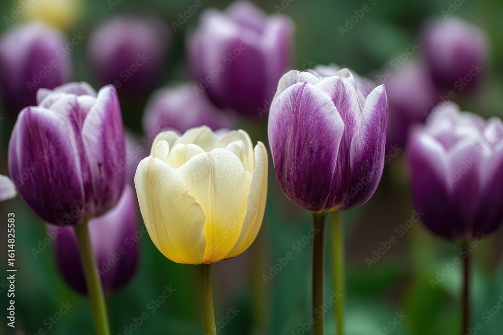 Fototapeta premium Close-up shot of several tulips in a garden, with a focus on a pale yellow tulip surrounded by purple and white striped tulips. Shallow depth of field blurs the background