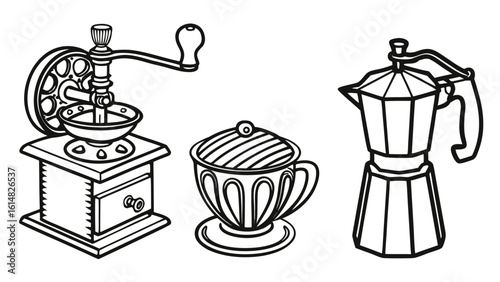 Illustration of coffee grinder coffee maker and coffee cup drawing kitchenware equipment appliances line art on transparent background