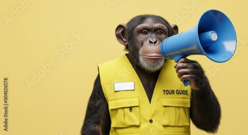Curious chimp tour guide with megaphone ready to share exciting facts on your next adventure