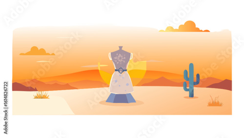Fashion design mannequin in desert landscape sunset vector art for clothing designers and tailors shop