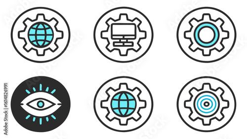 Globe gear computer eye target settings connection process technology development configuration options on transparent background