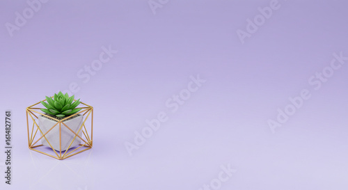 Background succulent plant in geometric gold pot on pastel purple background stock photo image