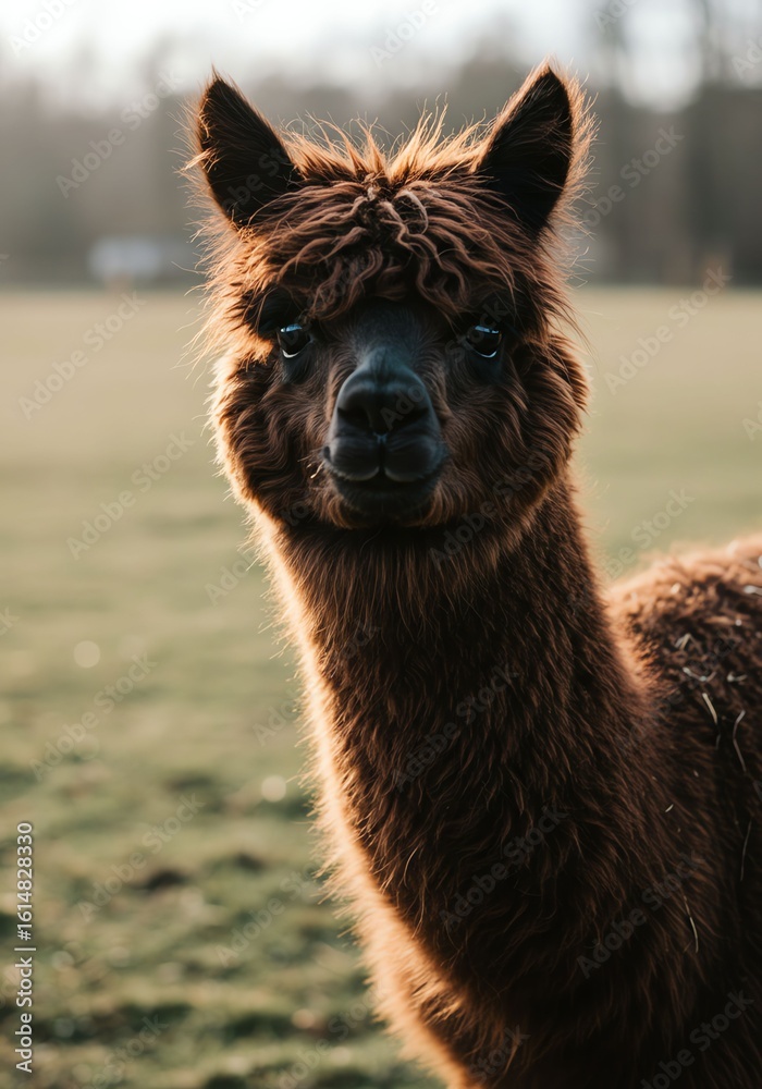 Obraz premium Cute Brown Alpaca Standing in Sunny Field During Sunset