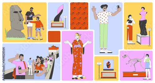Tourists experiencing global culture and heritage bento grid illustration set. Cultural landmarks, exhibits 2D vector image collage design graphics collection. Diverse flat characters moodboard layout