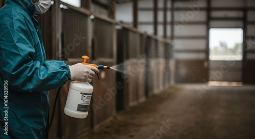 Person Wearing Blue Jacket and Gloves Spraying Disinfectant in Horse Stable