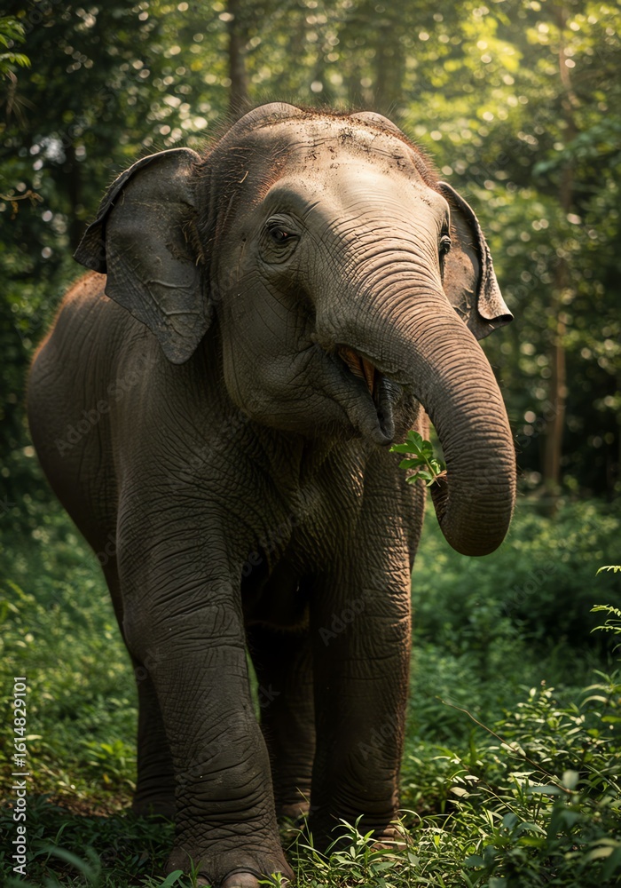 Fototapeta premium Young Elephant Standing in Lush Green Forest Natural Habitat