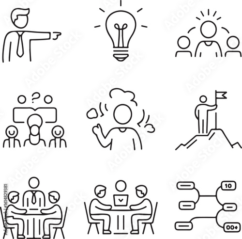 Modern Leadership and Management Symbols   Visionary Thinking, Team Direction, and Executive Collaboration Icons
