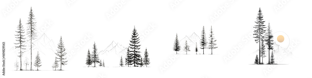 Obraz premium Pine Tree Silhouette Set: Minimalist Black and White Landscape