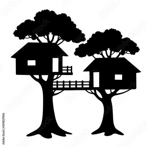 Silhouette of treehouses connected by bridge – Forest adventure living, nature immersion