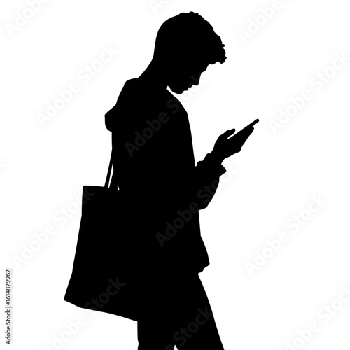 Silhouette of teen with phone and tote bag – Urban lifestyle accessory, youth utility
